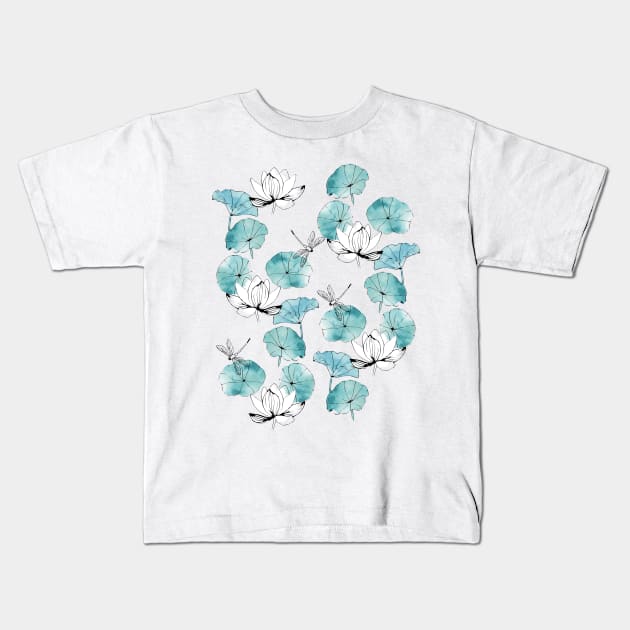 Waterlily dragonfly white Kids T-Shirt by adenaJ